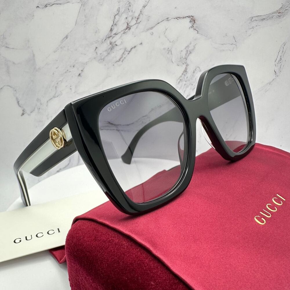 New GUCCI Sunglasses Black Square Gold Metal GG Web Arms Womens Authentic Gucci - Picture 10 of 16